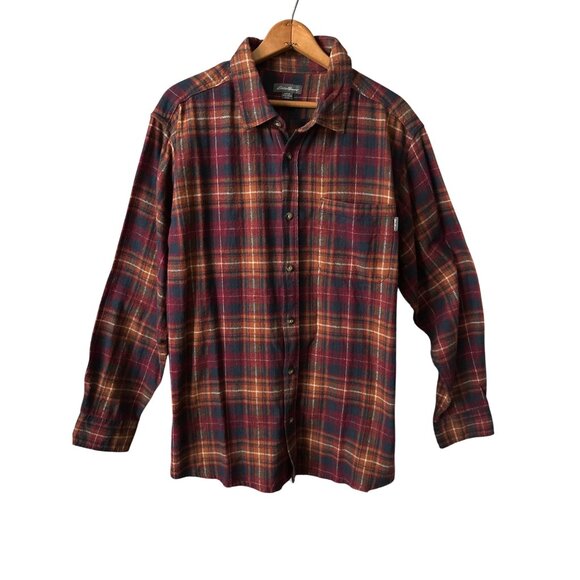 Eddie Bauer Plaid Long Sleeve Button-Up Shirt NEW 100% Cotton Burgundy & Navy XL - Picture 1 of 4